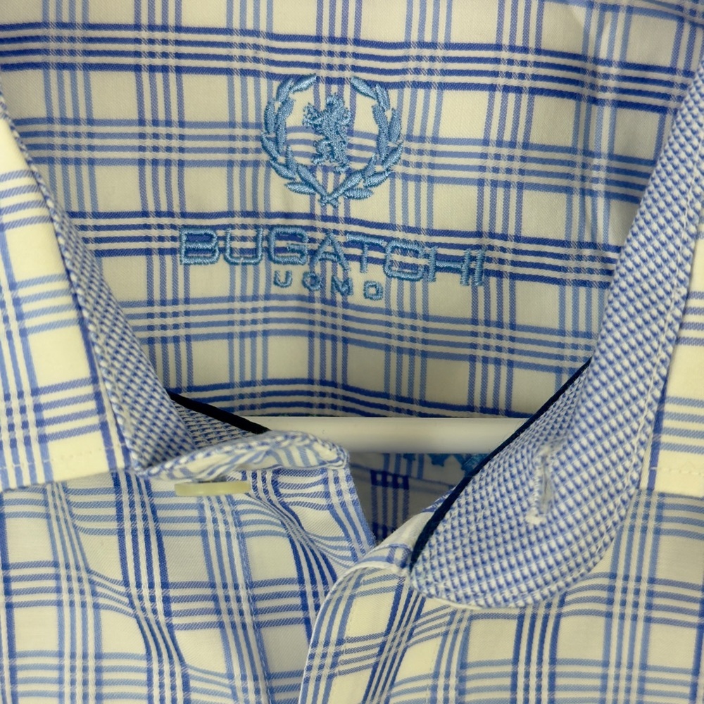 Bugatchi Uomo Button Up Mens Fits Sz Large Starched Blue/white Plaid Preppy - Picture 3 of 4